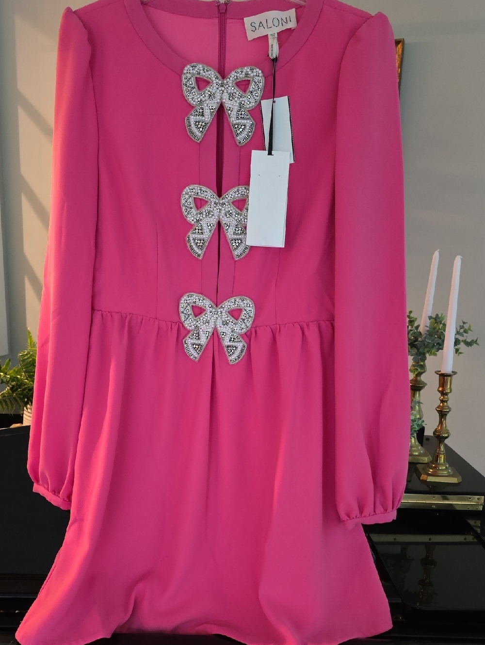 SALONI Camille Pink Long-Sleeve Dress with Crystal Bow Trim Size 8 New With Tags
